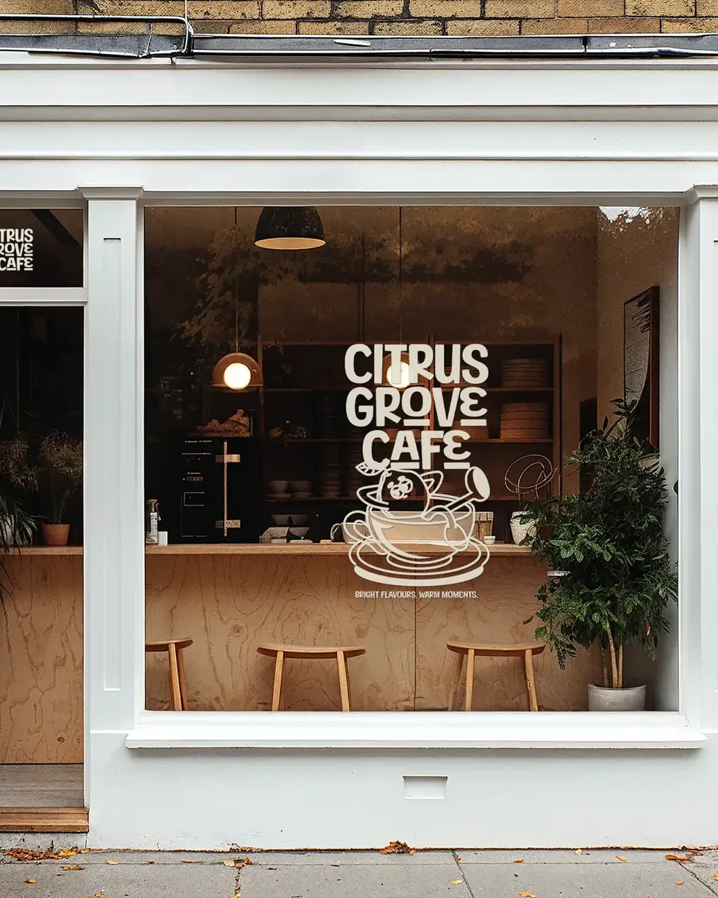 Citrus Grove Café storefront with illustrated cup identity on the window